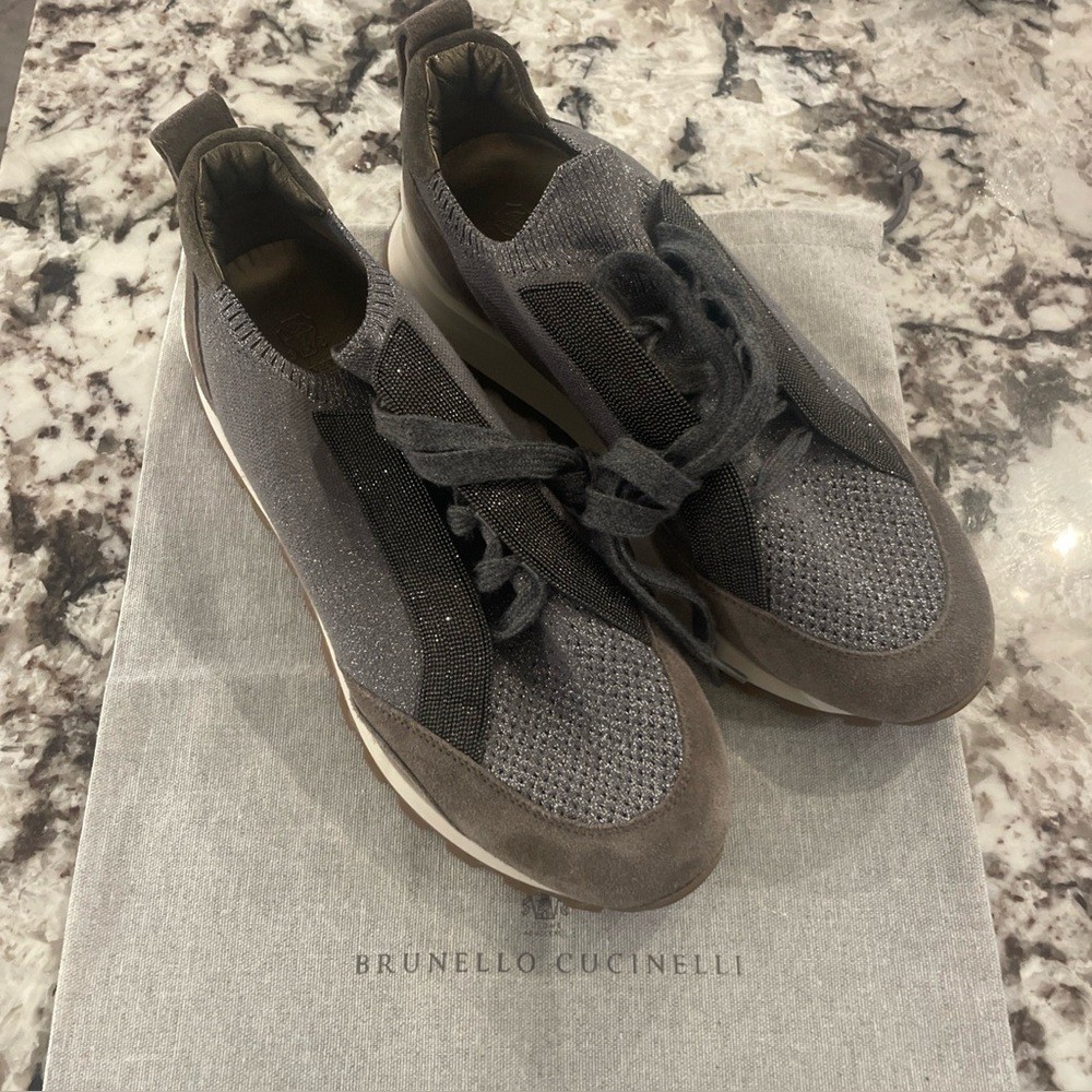 Brunello Cucinelli Gray Women’s Monili Suede Sneakers